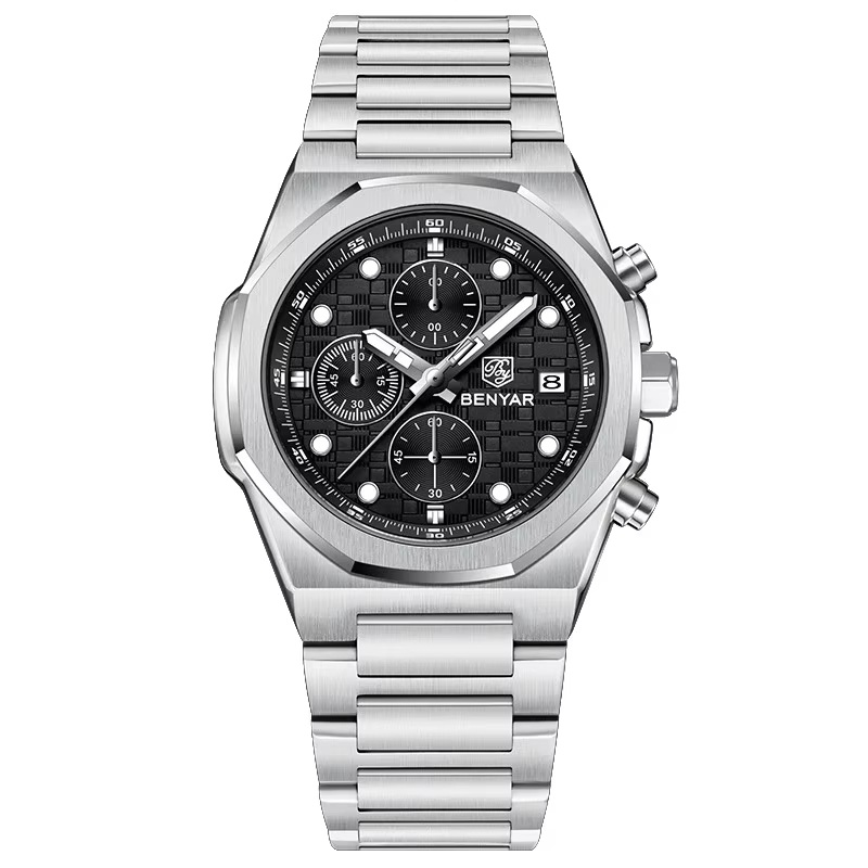 Чоловічий наручний годинник Benyar BY-5216 Silver-Black з хронографом та сталевим браслетом