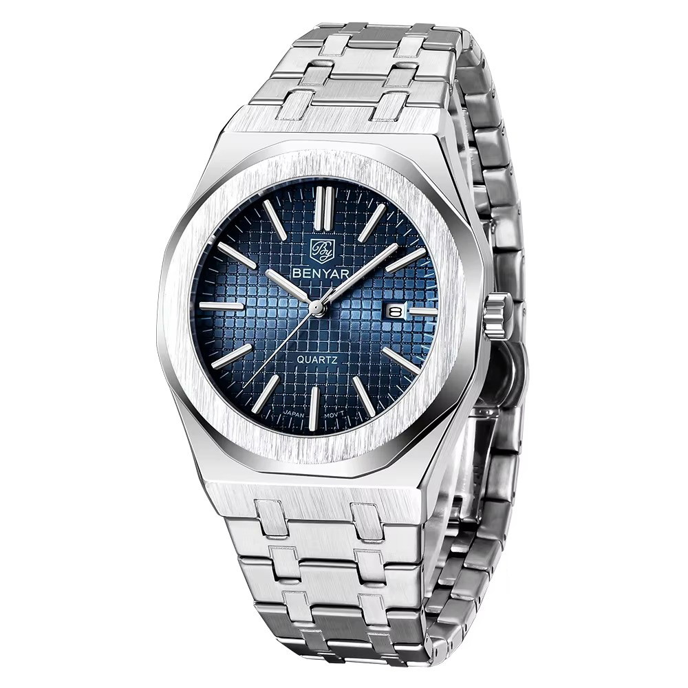 Чоловічий класичний годинник Benyar BY-5156 Silver-Blue зі сріблястим браслетом та синім циферблатом