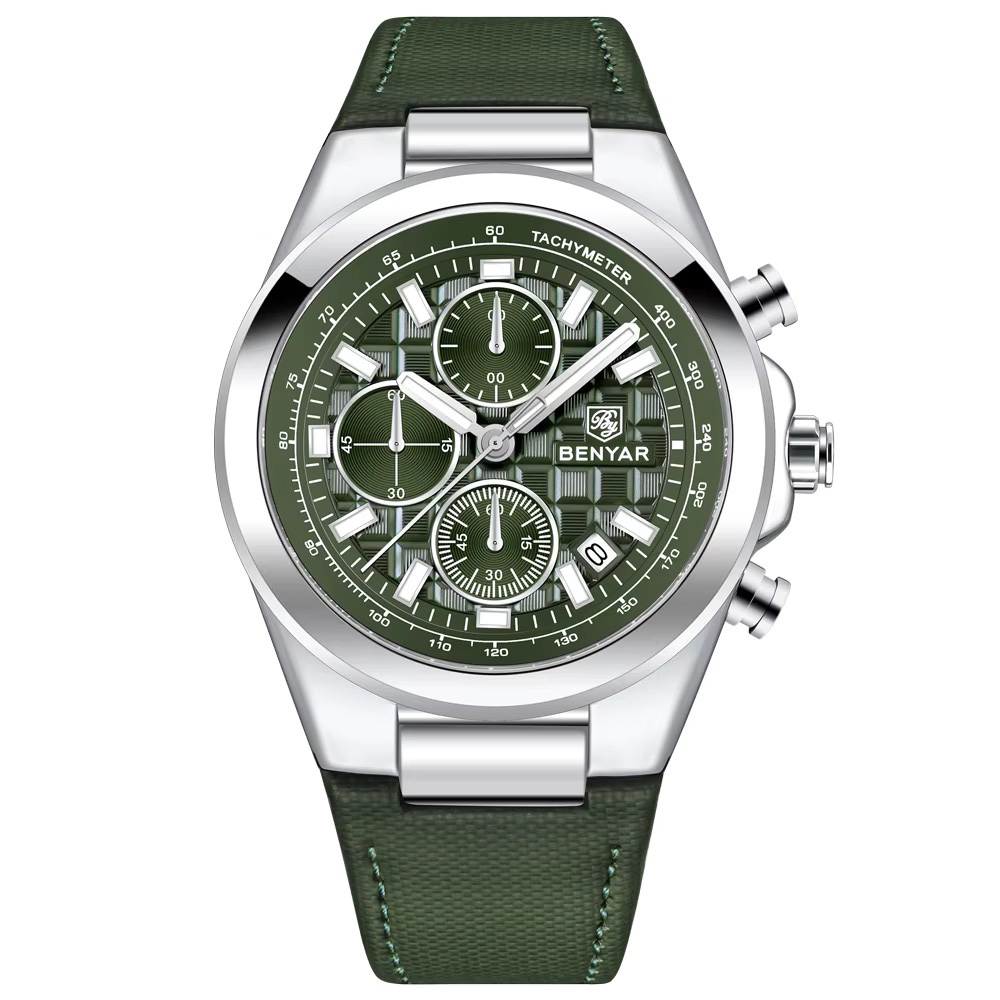Чоловічий годинник Benyar BY-5206 Silver-Green з хронографом та шкіряним ремінцем