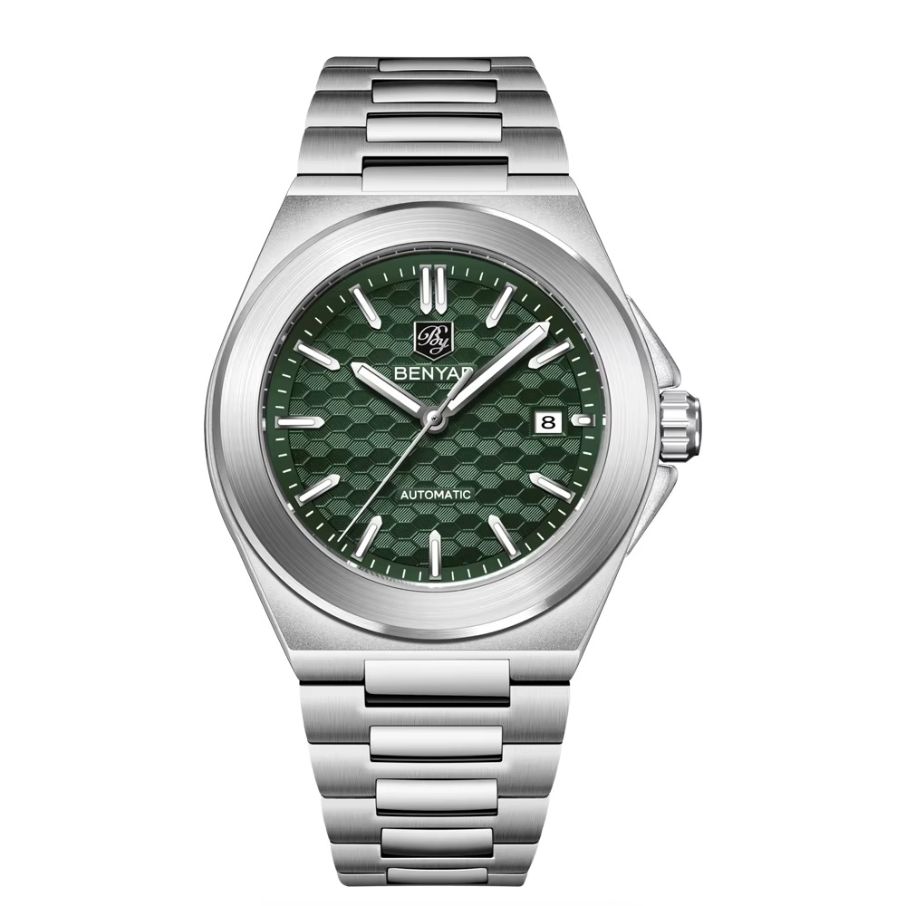 Чоловічий механічний годинник Benyar BY-5219 Silver-Green з автопідзаводом та зеленим циферблатом
