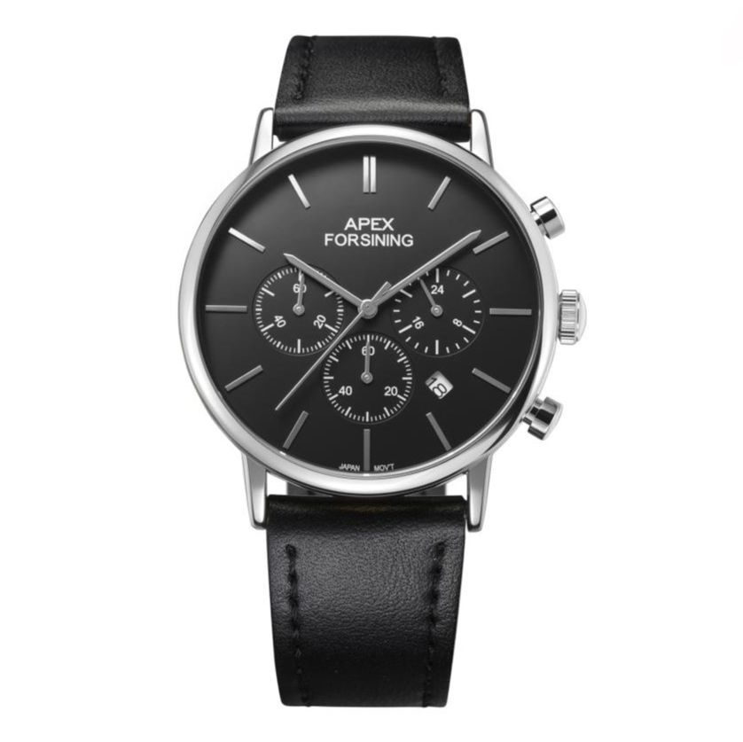 Купити Чоловічий годинник Forsining 8312 Black-Silver з хронографом та шкіряним ремінцем