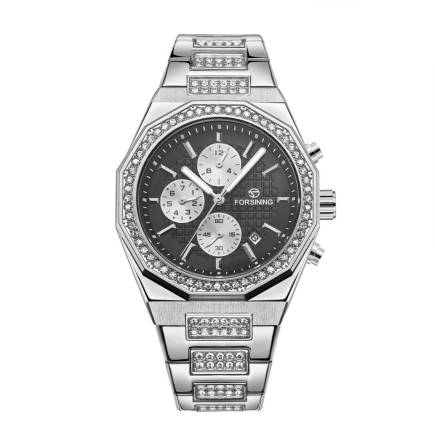 Купити Механічний годинник Forsining 8314 Silver-Black Steel з автопідзаводом та календарем