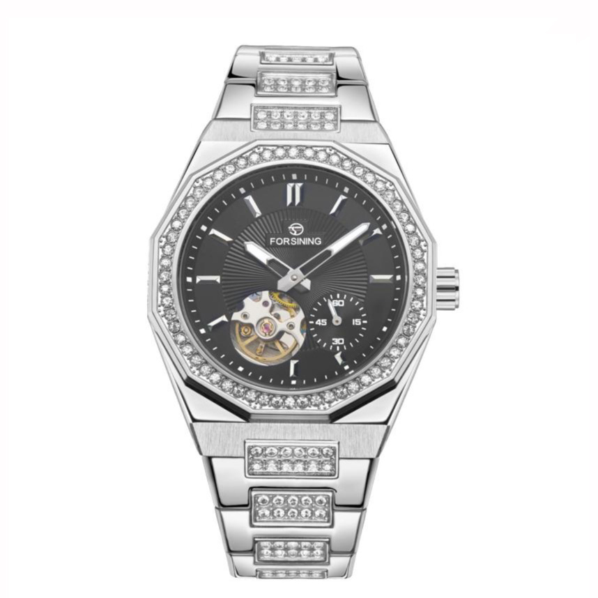 Купити Механічний годинник Forsining 8313 Silver-Black Steel з автопідзаводом та сталевим браслетом