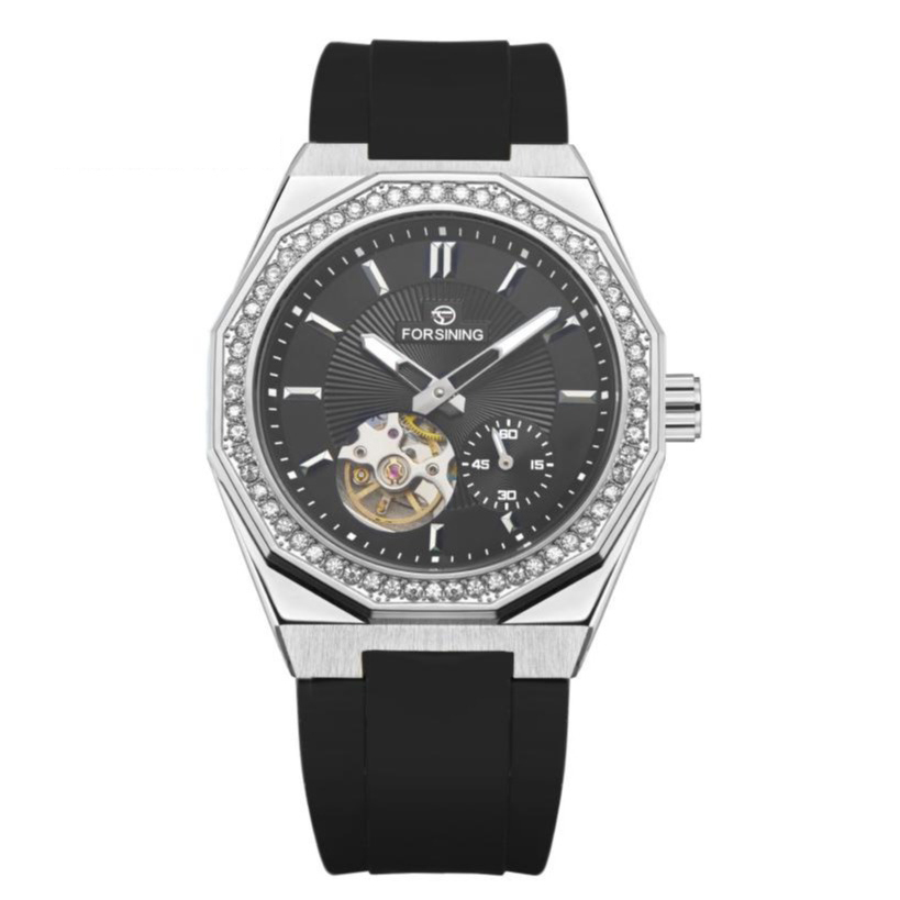 Чоловічий механічний годинник Forsining 8313 Black-Silver-Black з автопідзаводом та силіконовим ремінцем