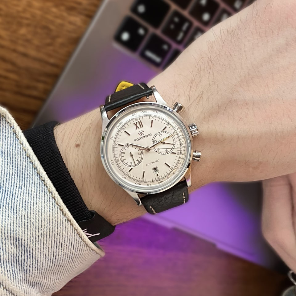 Купити Чоловічий механічний годинник Forsining 6921 Silver-Silver з автопідзаводом та шкіряним ремінцем