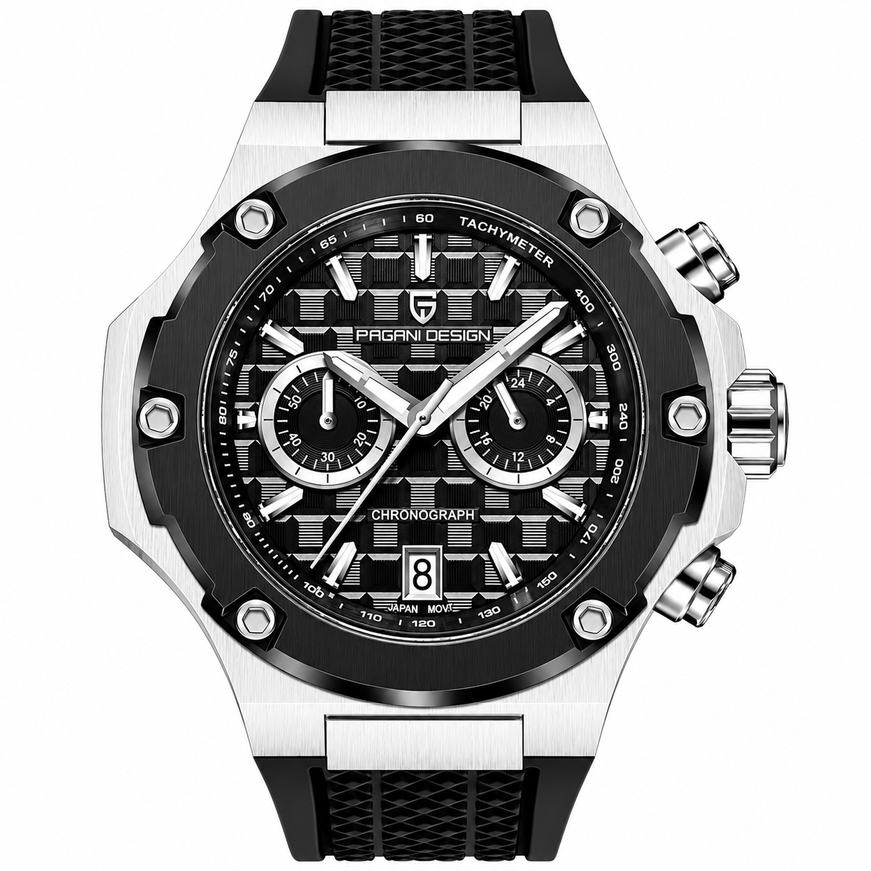 Чоловічий годинник Pagani Design PD-YS032 Silver-Black-Black Rubber з сапфіровим склом та хронографом