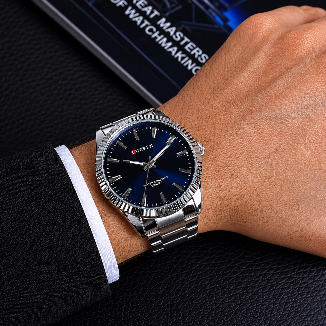 Купити Чоловічий класичний годинник Curren 8425 Silver-Blue зі сріблястим браслетом та синім циферблатом