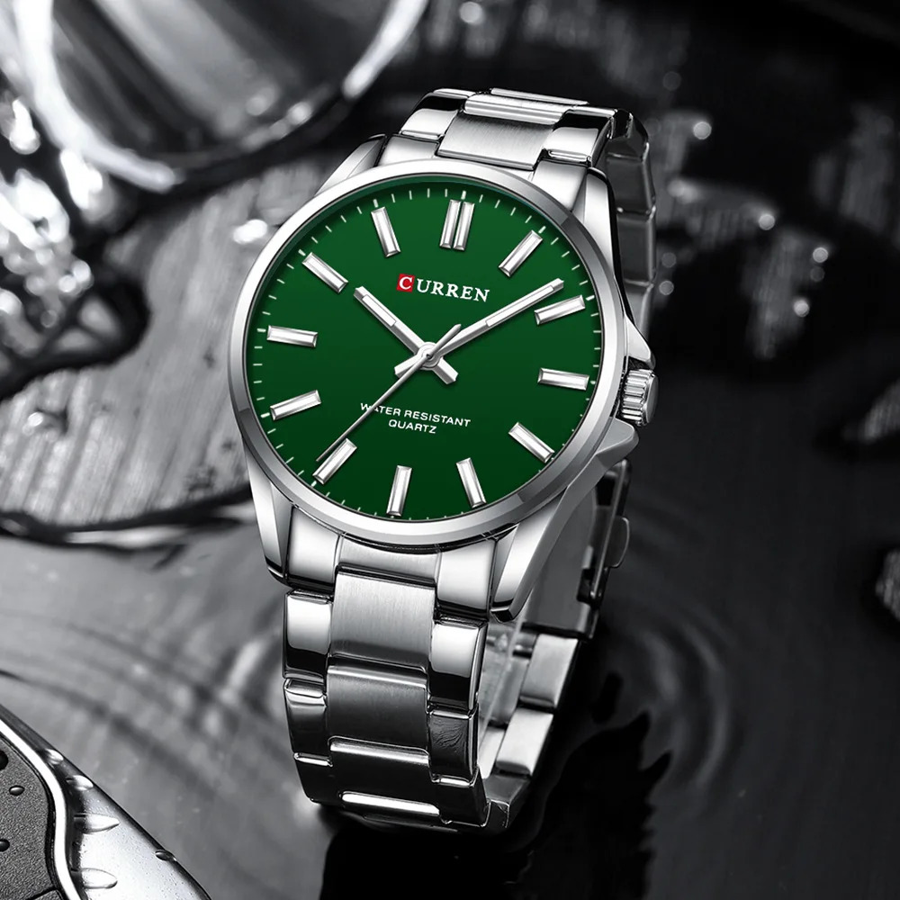 Купити Чоловічий класичний годинник Curren 9090 Silver-Green зі сталевим браслетом та зеленим циферблатом