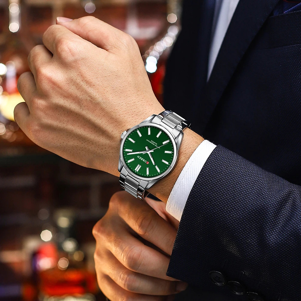Купити Чоловічий класичний годинник Curren 9090 Silver-Green зі сталевим браслетом та зеленим циферблатом