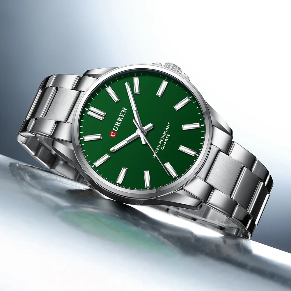Купити Чоловічий класичний годинник Curren 9090 Silver-Green зі сталевим браслетом та зеленим циферблатом