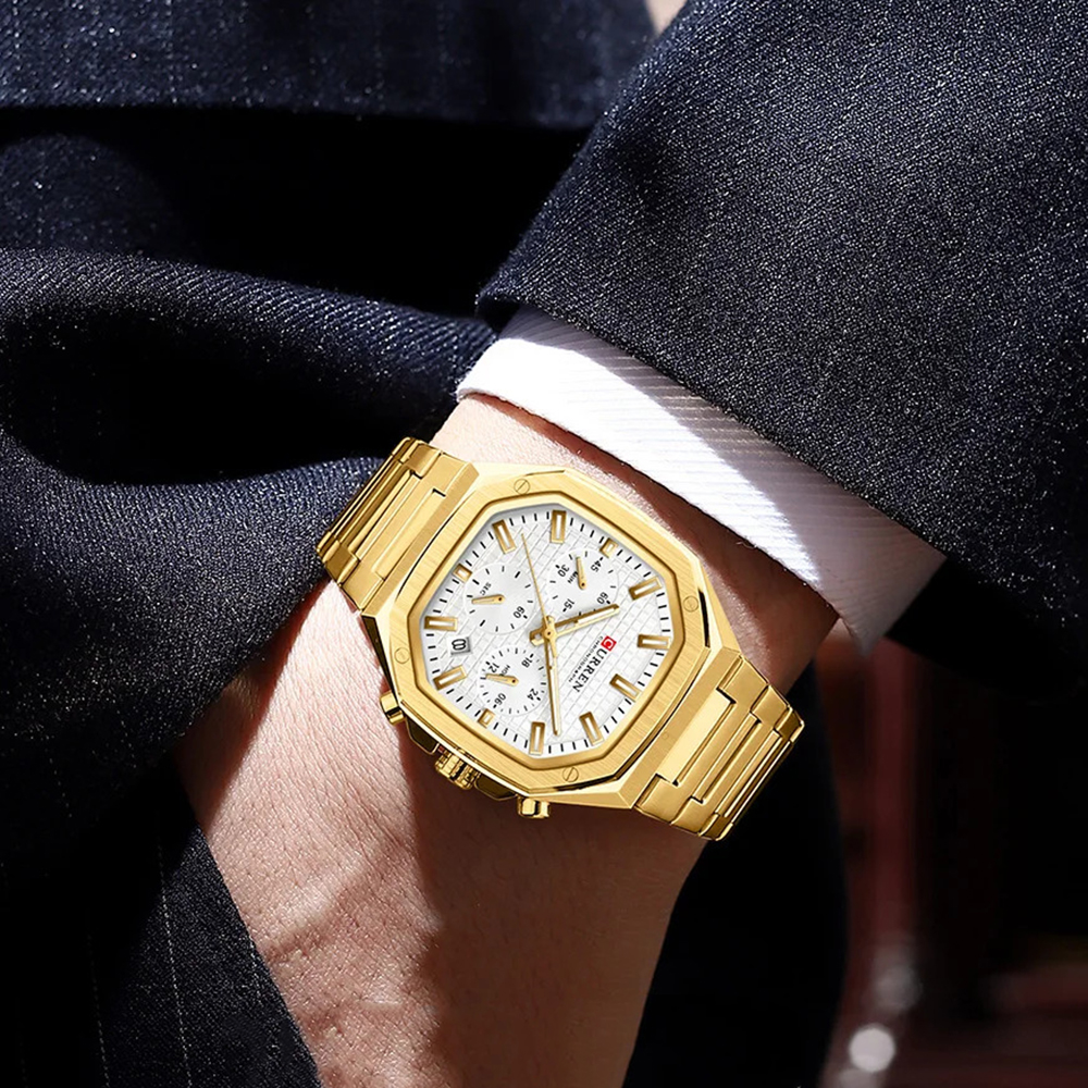Купити Чоловічий годинник Curren 8459 Gold-White з хронографом та золотистим браслетом