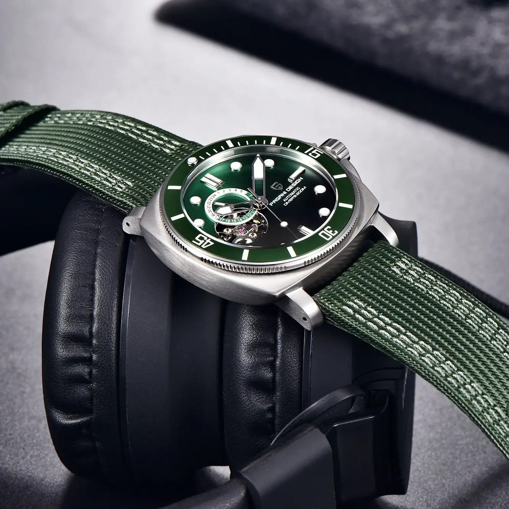 Чоловічий механічний годинник Pagani Design PD-1736 Silver-Green з сапфіровим склом та механізмом SEIKO NH36