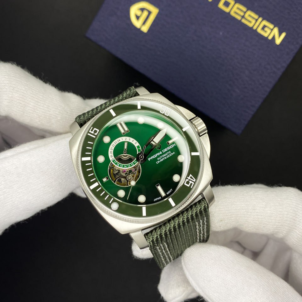 Чоловічий механічний годинник Pagani Design PD-1736 Silver-Green з сапфіровим склом та механізмом SEIKO NH36