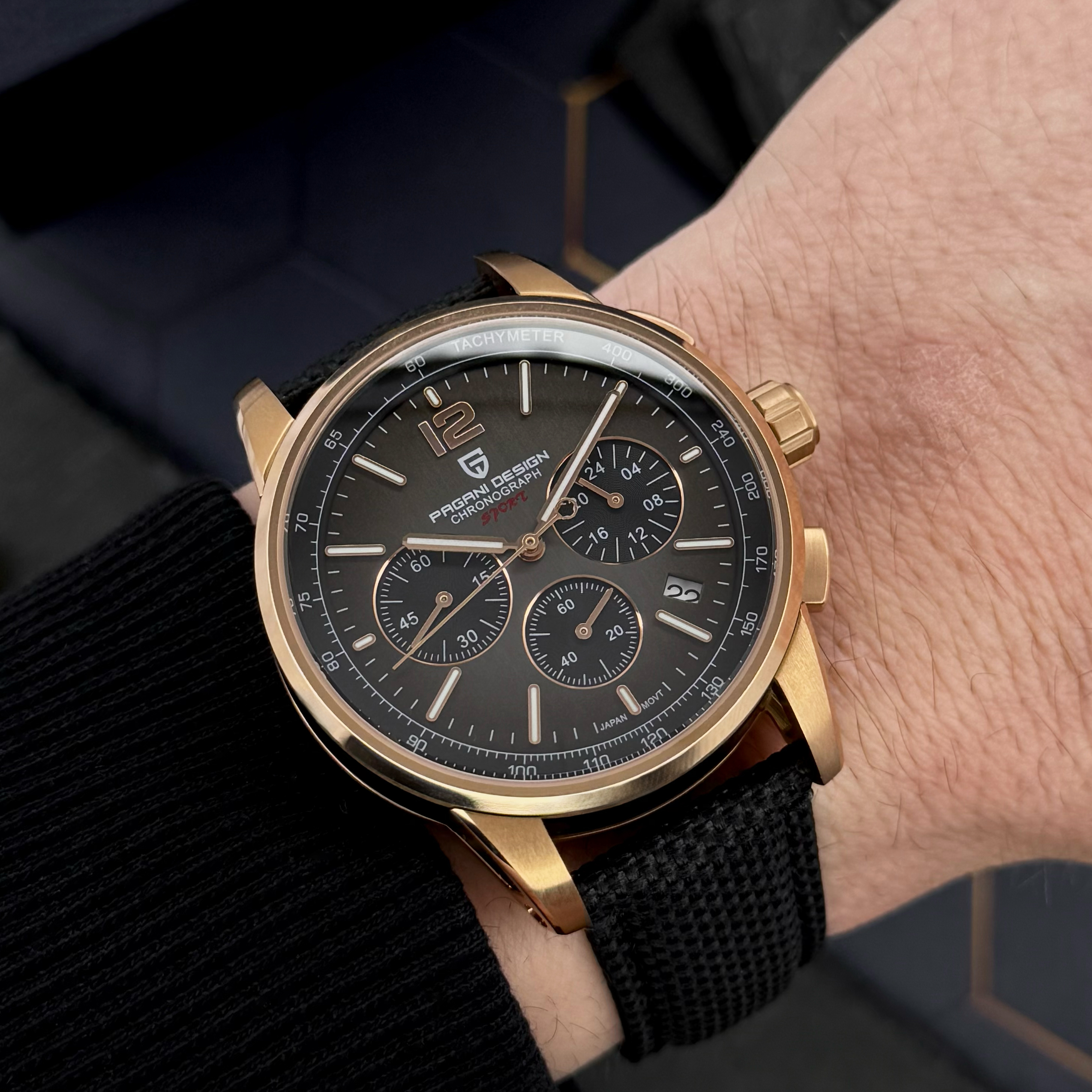 Купити Чоловічий годинник Pagani Design YS008 Rose Gold-Black з сапфіровим склом та хронографом