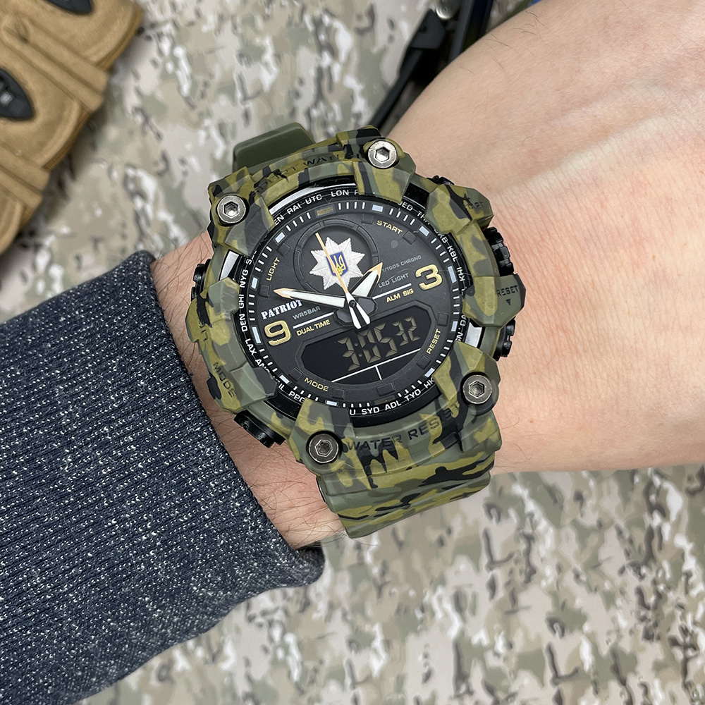 Купити Чоловічий тактичний годинник Patriot 001CMGRPO Поліція Зелений камуфляж з водозахистом 5 ATM