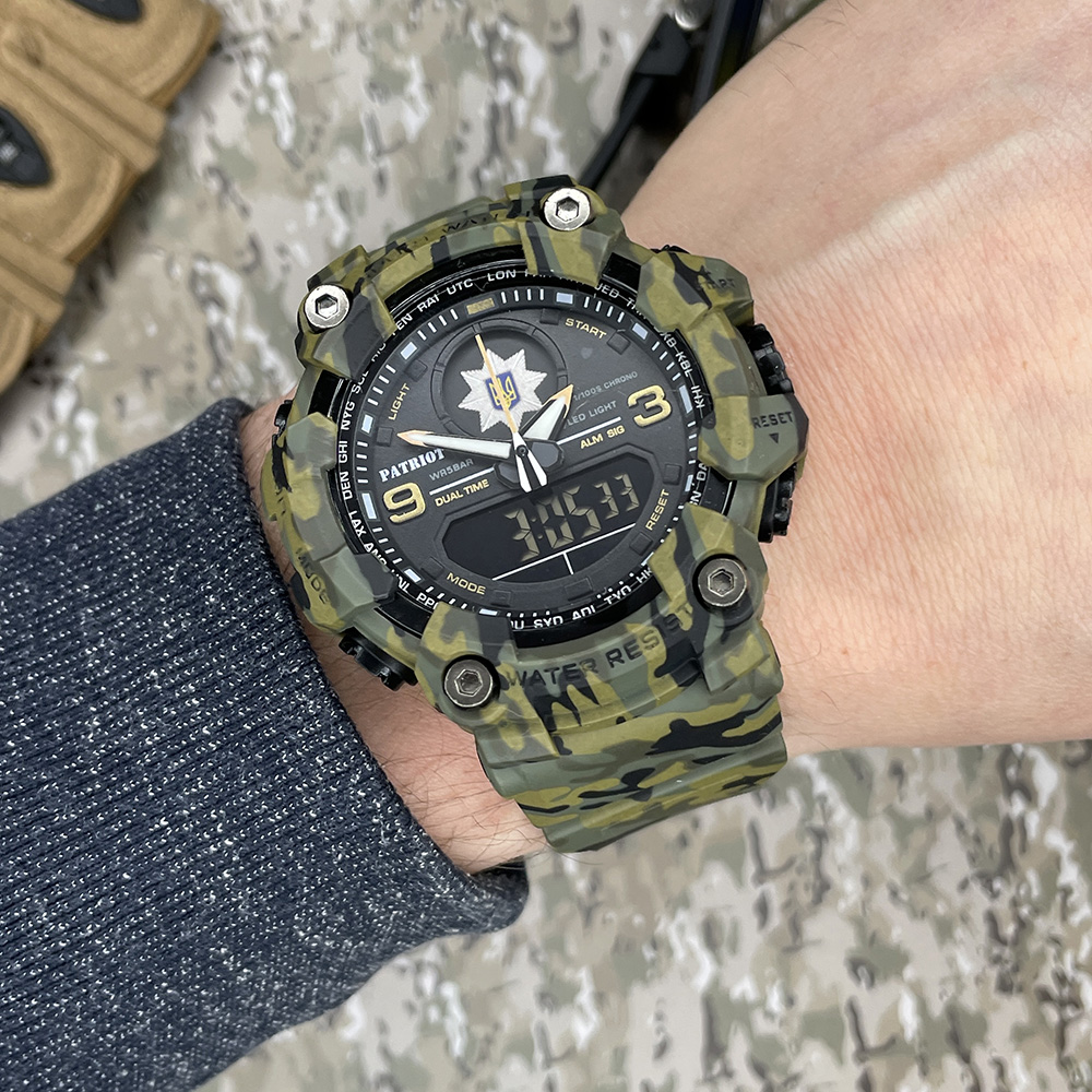 Купити Чоловічий тактичний годинник Patriot 001CMGRPO Поліція Зелений камуфляж з водозахистом 5 ATM