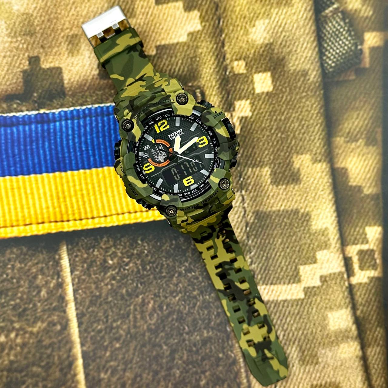 Купити Тактичний чоловічий годинник Patriot 002CMGRUASI Тризуб срібло Зелений камуфляж з підсвічуванням