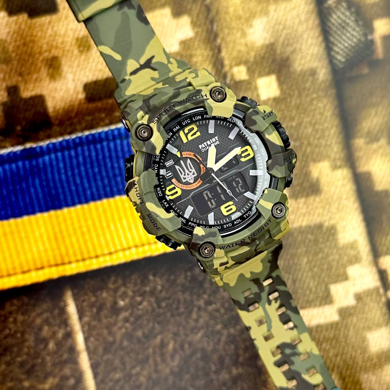 Купити Тактичний чоловічий годинник Patriot 002CMGRUASI Тризуб срібло Зелений камуфляж з підсвічуванням