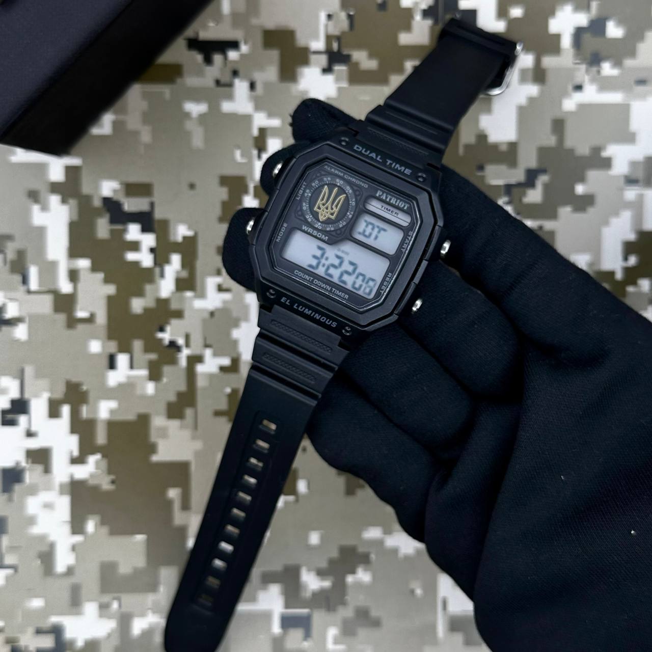Купити Чоловічий тактичний годинник Patriot 010BKUAGD Тризуб золото з електронним циферблатом та підсвічуванням