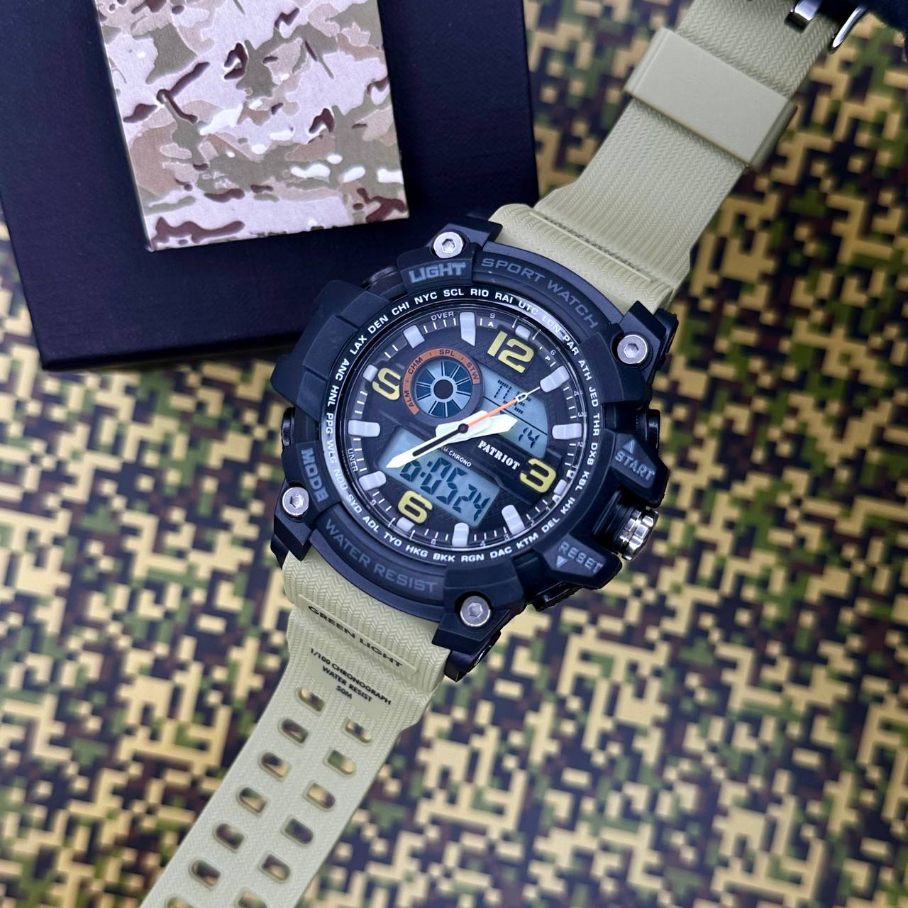 Купити Чоловічий тактичний годинник Patriot 012KH Khaki STOPPED з комбінованим циферблатом та водозахистом 5 ATM