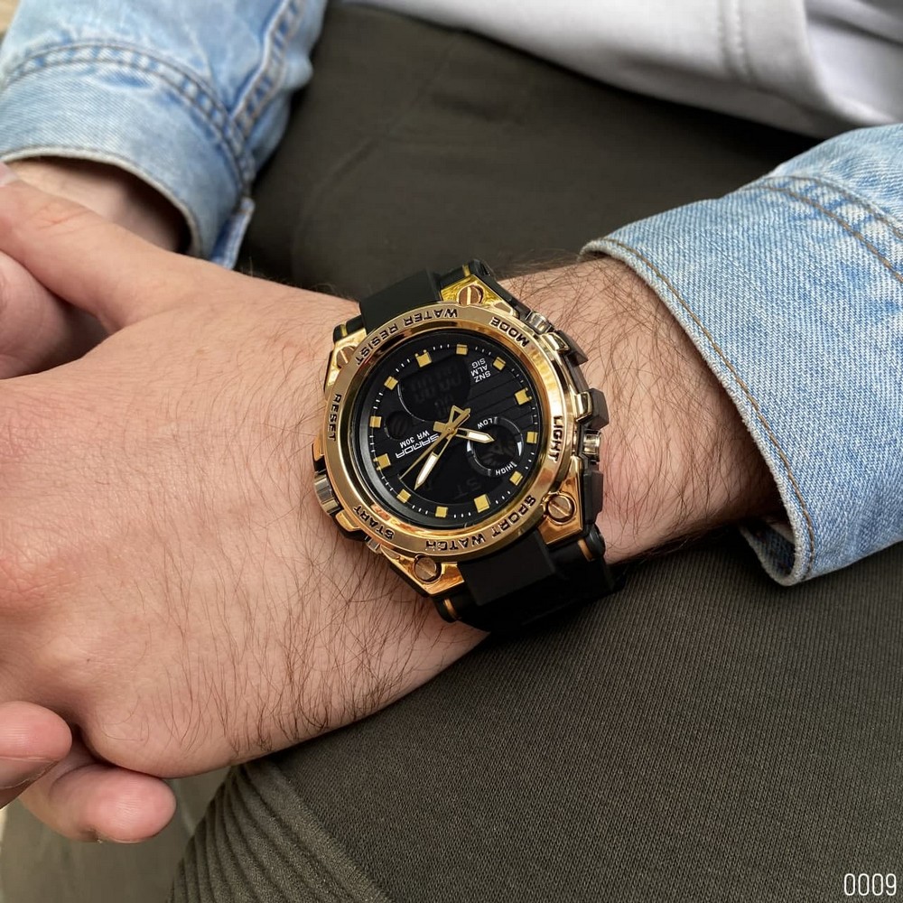 Купити Чоловічий спортивний годинник Sanda 739 Black-Gold з комбінованим циферблатом та підсвічуванням