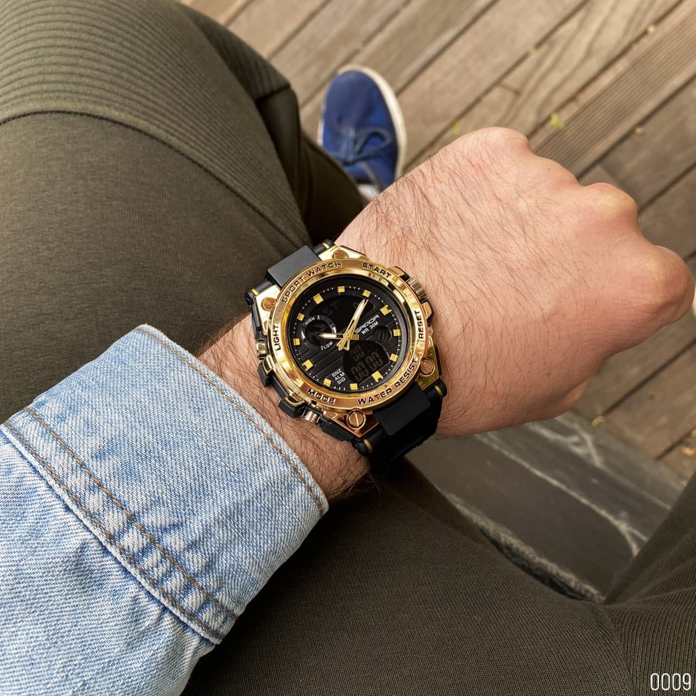Купити Чоловічий спортивний годинник Sanda 739 Black-Gold з комбінованим циферблатом та підсвічуванням