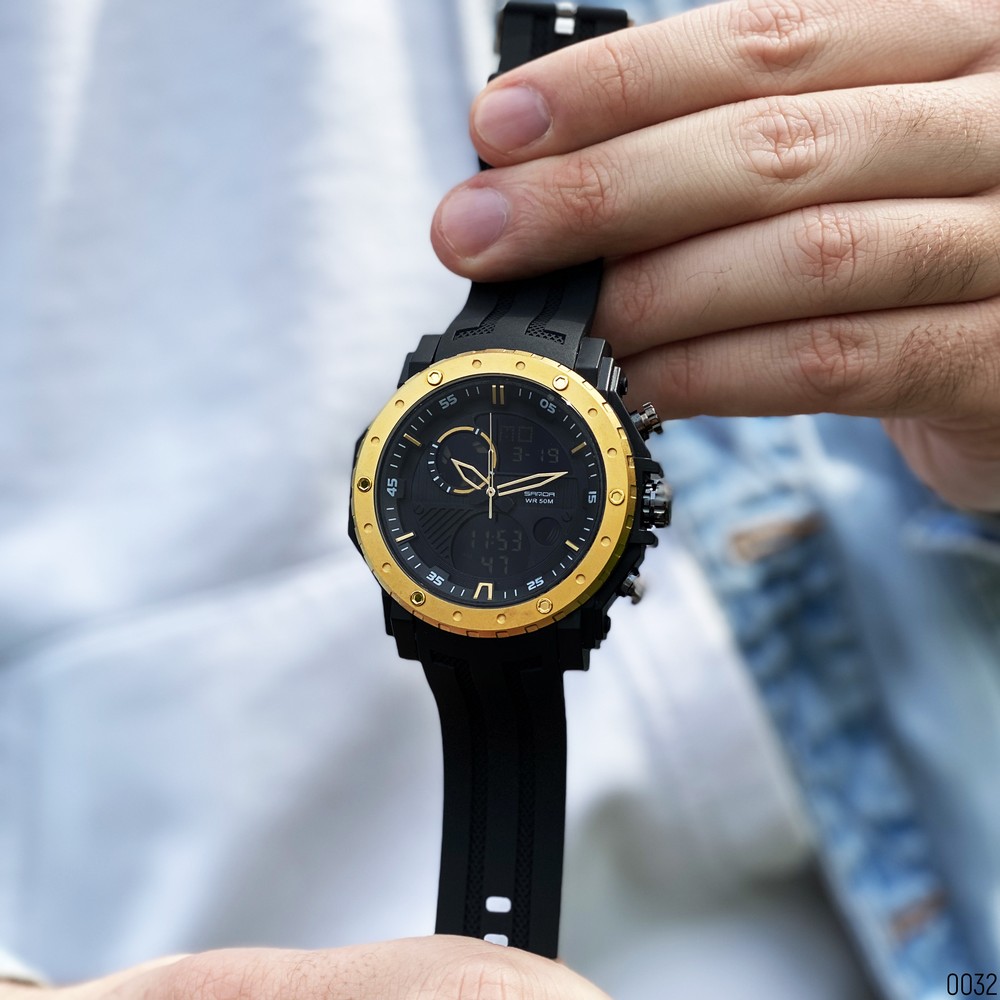 Купити Чоловічий годинник Sanda 6012 Black-Gold спортивний зі стрілково-електронним циферблатом