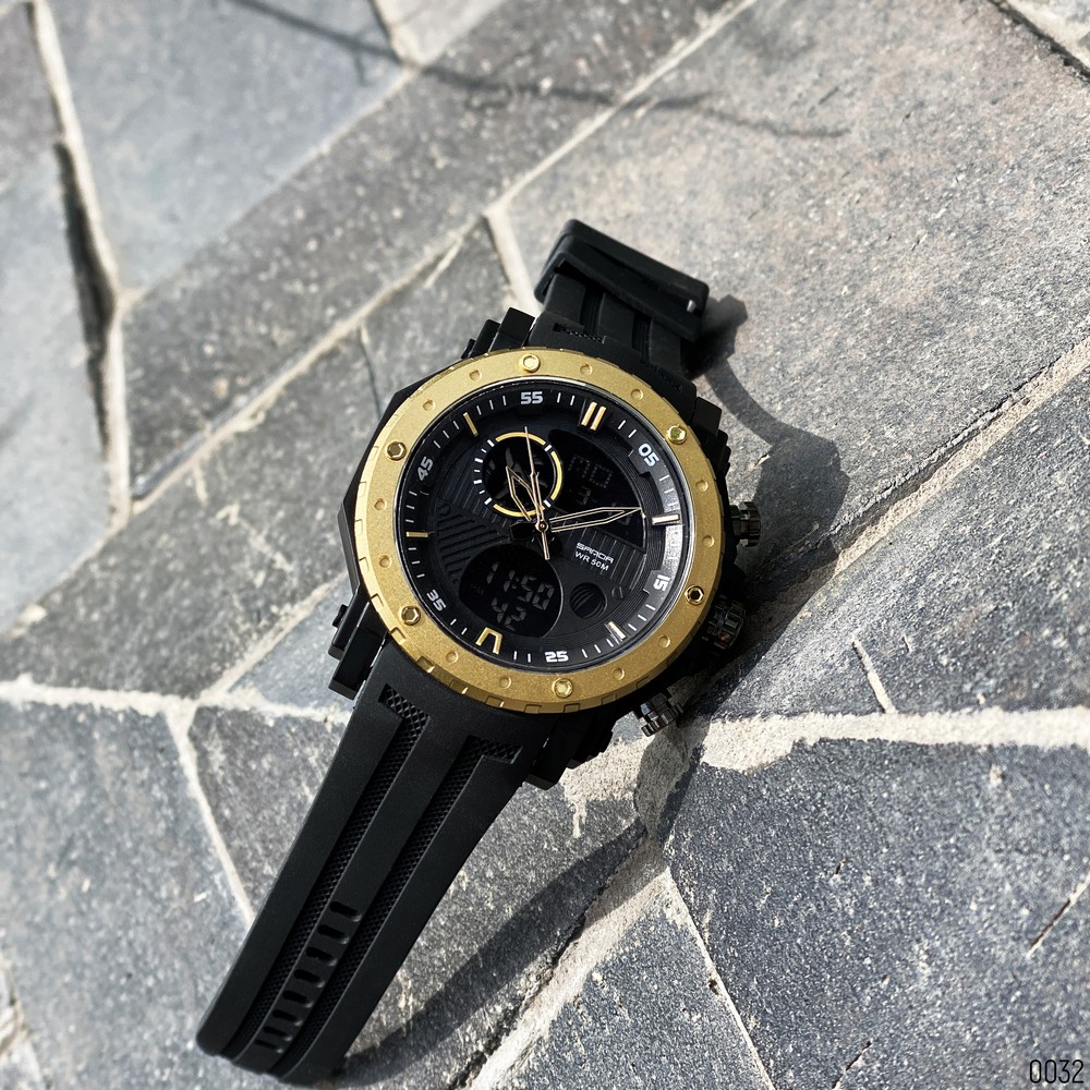 Купити Чоловічий годинник Sanda 6012 Black-Gold спортивний зі стрілково-електронним циферблатом