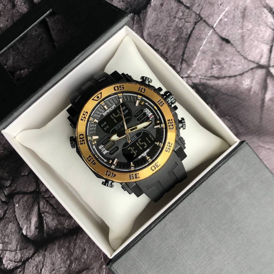 Купити Чоловічий спортивний годинник Sanda 6029 Black-Gold з комбінованим циферблатом та захистом 5 ATM