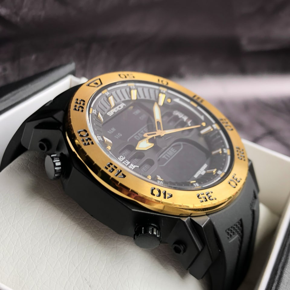 Купити Чоловічий спортивний годинник Sanda 6029 Black-Gold з комбінованим циферблатом та захистом 5 ATM