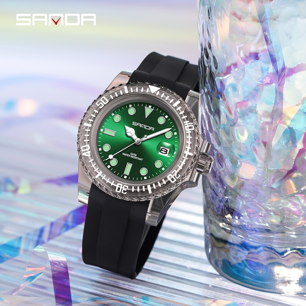 Купити Жіночий годинник Sanda 9007 Black-Green з зеленим циферблатом та каучуковим ремінцем
