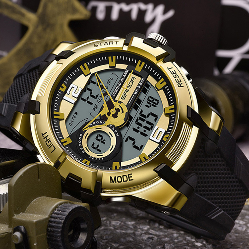 Купити Чоловічий спортивний годинник Sanda 6015 Black-Gold з комбінованим циферблатом та водозахистом 5 ATM