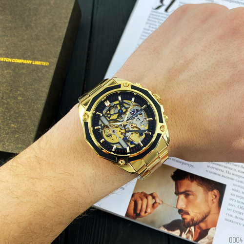 Купити Чоловічий механічний годинник Forsining 8130 Gold-Black з автопідзаводом та люмінесценцією