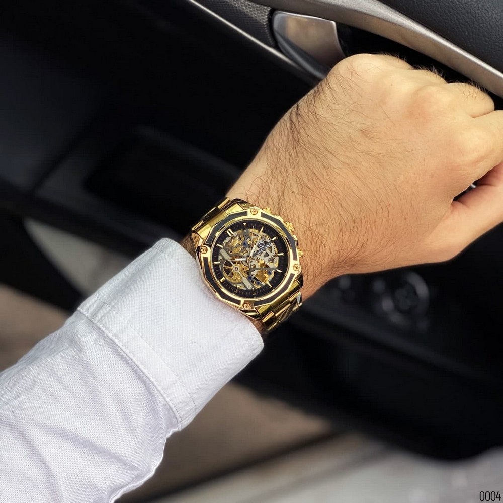 Купити Чоловічий механічний годинник Forsining 8130 Gold-Black з автопідзаводом та люмінесценцією