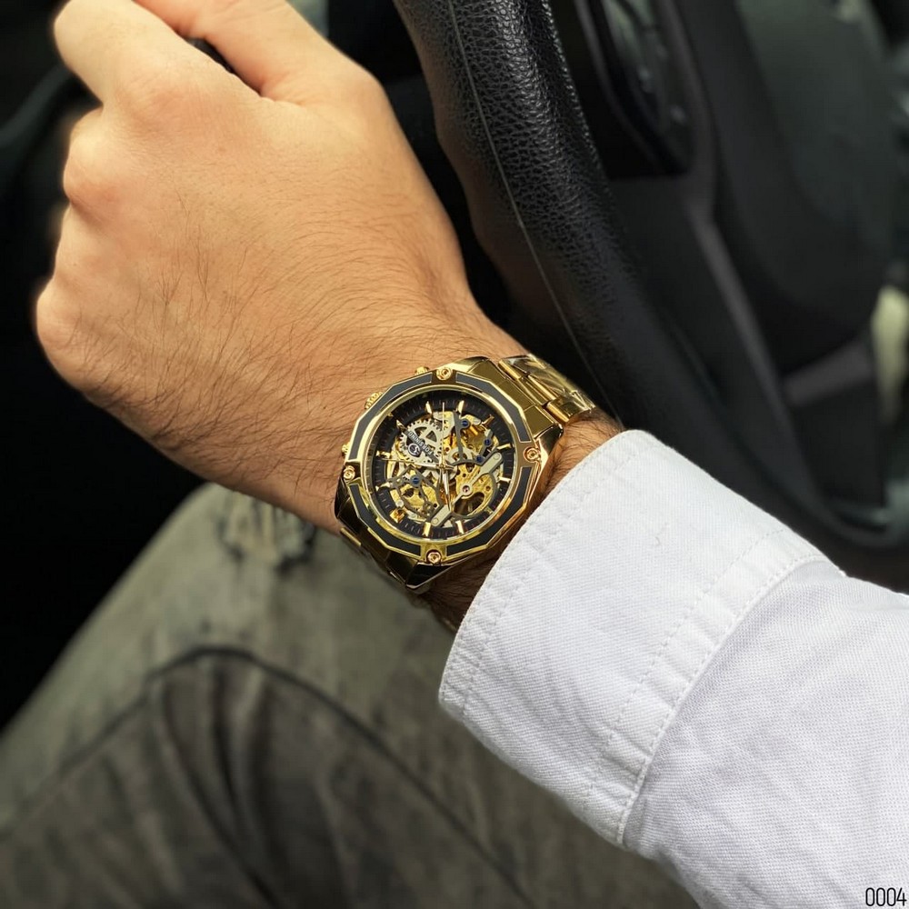 Купити Чоловічий механічний годинник Forsining 8130 Gold-Black з автопідзаводом та люмінесценцією