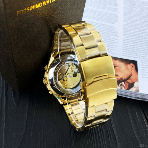 Купити Чоловічий механічний годинник Forsining 8130 Gold-Black з автопідзаводом та люмінесценцією