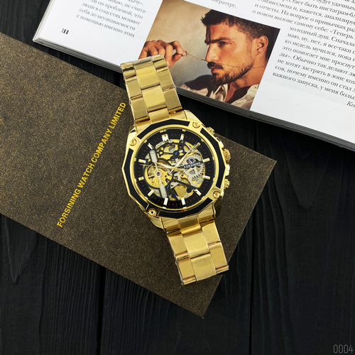 Купити Чоловічий механічний годинник Forsining 8130 Gold-Black з автопідзаводом та люмінесценцією