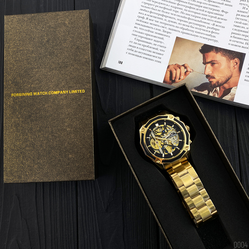Купити Чоловічий механічний годинник Forsining 8130 Gold-Black з автопідзаводом та люмінесценцією