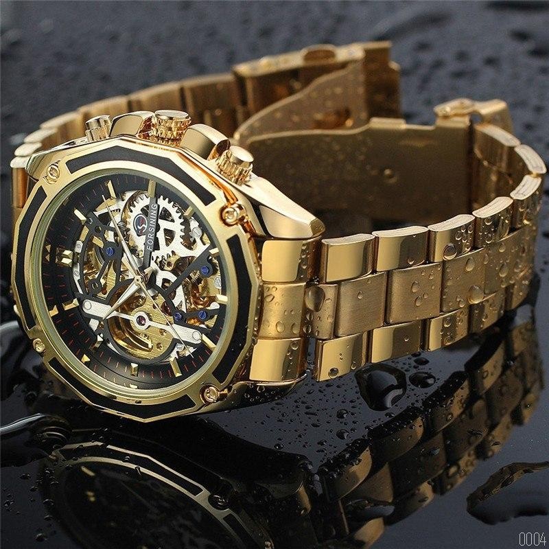 Купити Чоловічий механічний годинник Forsining 8130 Gold-Black з автопідзаводом та люмінесценцією