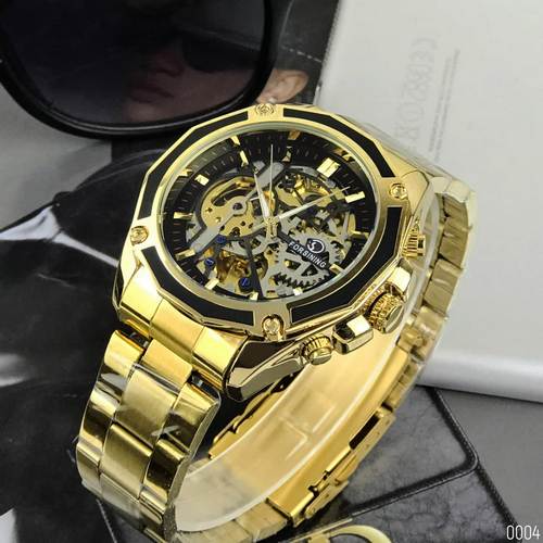Купити Чоловічий механічний годинник Forsining 8130 Gold-Black з автопідзаводом та люмінесценцією