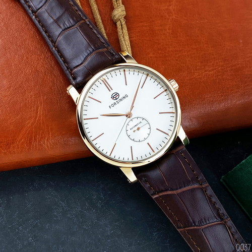 Купити Чоловічий механічний годинник Forsining 8214 Gold-White-Brown з автопідзаводом та шкіряним ремінцем