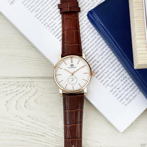Купити Чоловічий механічний годинник Forsining 8214 Gold-White-Brown з автопідзаводом та шкіряним ремінцем