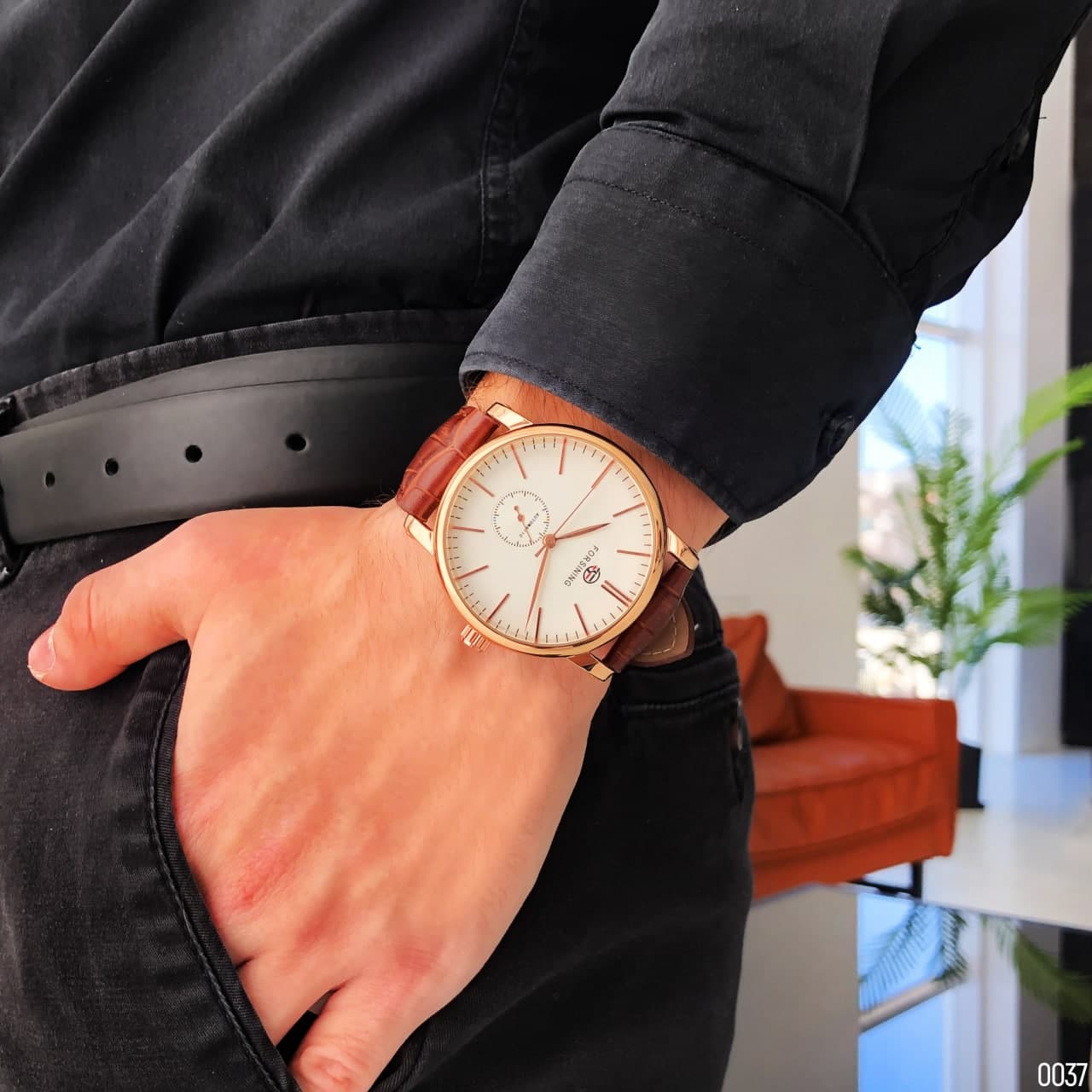 Купити Чоловічий механічний годинник Forsining 8214 Gold-White-Brown з автопідзаводом та шкіряним ремінцем