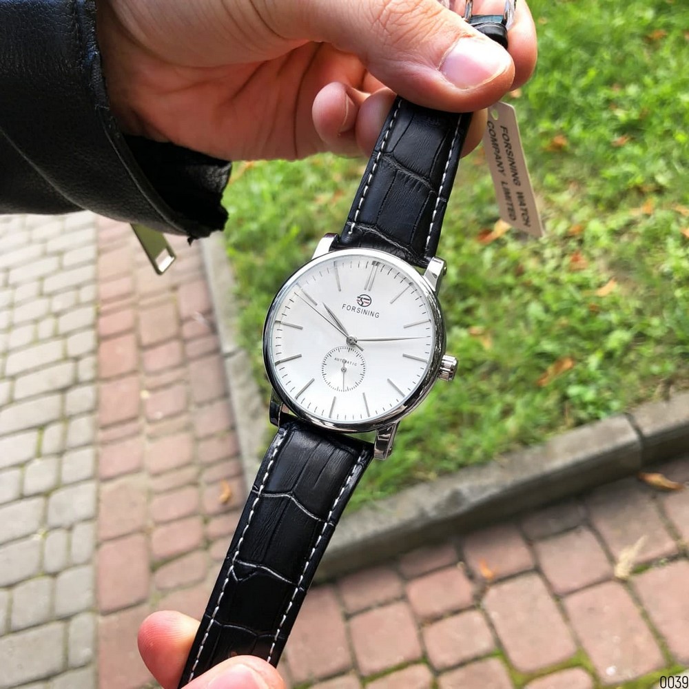 Купити Чоловічий механічний годинник Forsining 8214 Silver-White-Black з автопідзаводом та шкіряним ремінцем