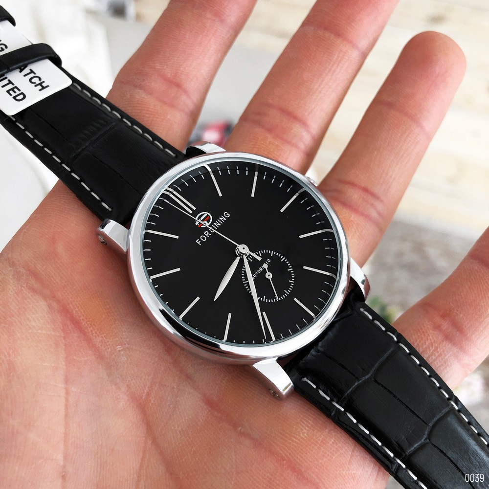 Купити Чоловічий механічний годинник Forsining 8214 Silver-Black з автопідзаводом та шкіряним ремінцем