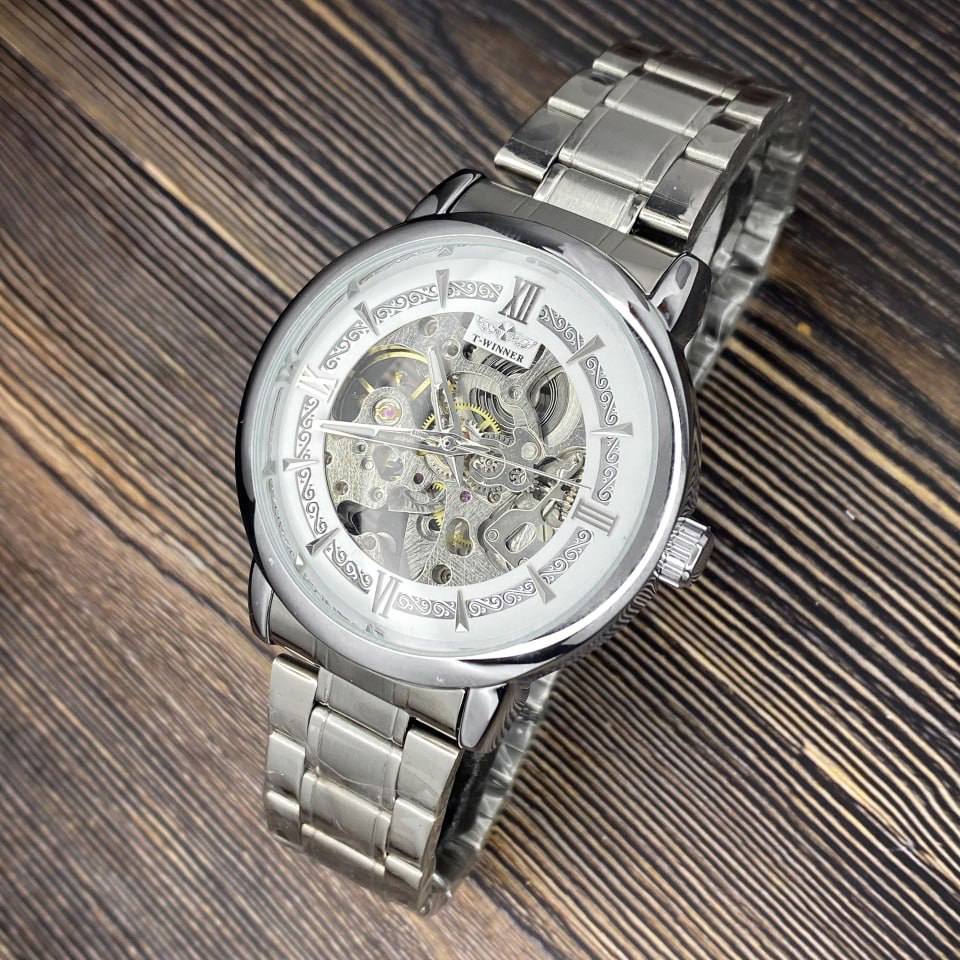 Купити Чоловічий механічний годинник Forsining 8173 Silver-White Steel з автопідзаводом та сталевим браслетом