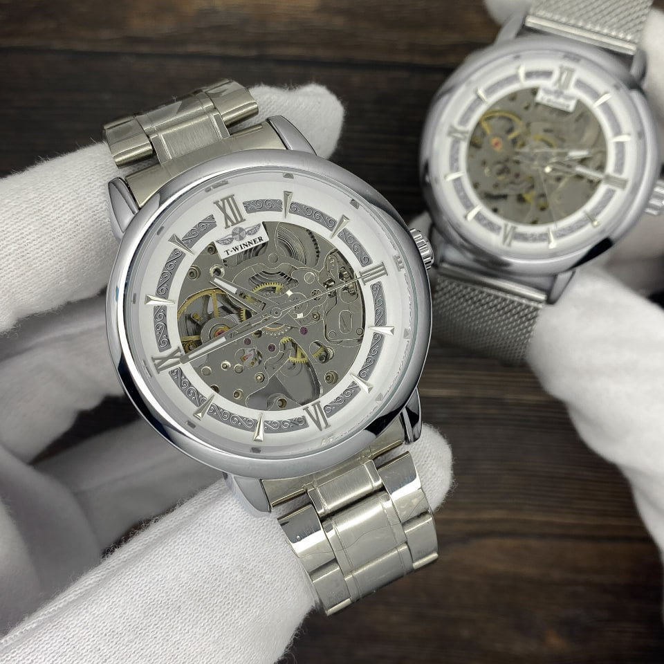 Купити Чоловічий механічний годинник Forsining 8173 Silver-White Steel з автопідзаводом та сталевим браслетом