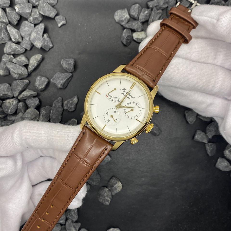 Купити Чоловічий механічний годинник Forsining 6916 Gold-White з автопідзаводом та шкіряним ремінцем