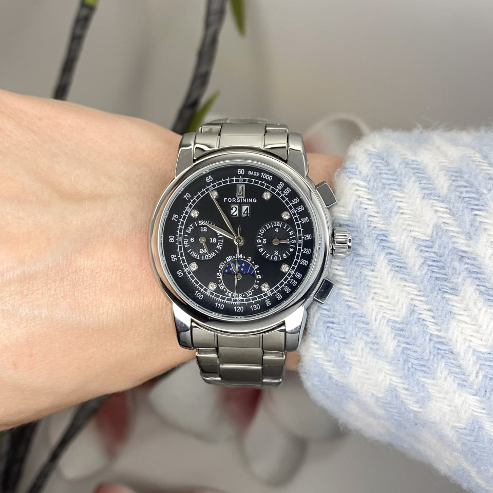 Купити Жіночий механічний годинник Forsining 6918 Silver-Black з автопідзаводом та сталевим браслетом