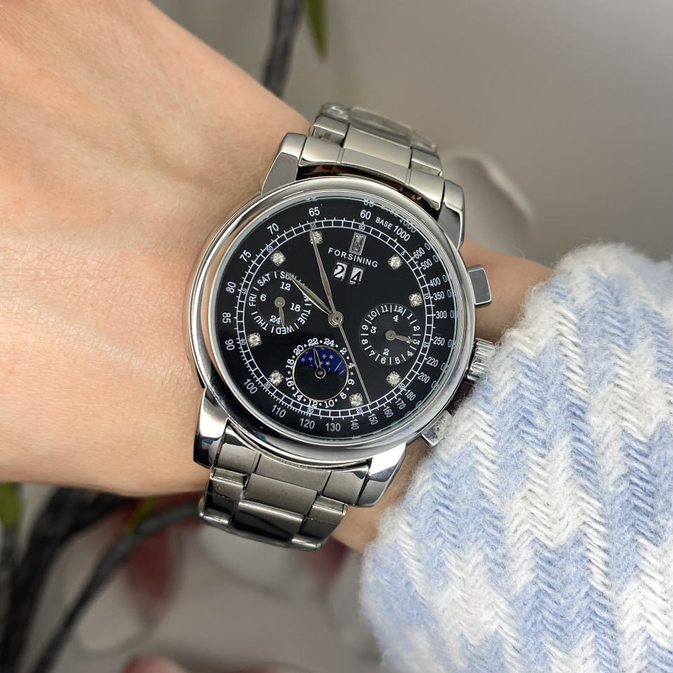 Купити Жіночий механічний годинник Forsining 6918 Silver-Black з автопідзаводом та сталевим браслетом